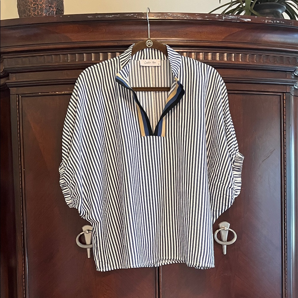 Callie Mac Navy and White Vertical-Stripe Tunic with Trim